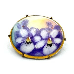 PORCELAIN brooch w/ hand-painted flowers gilt edges & C clasp - vintage oval pin
